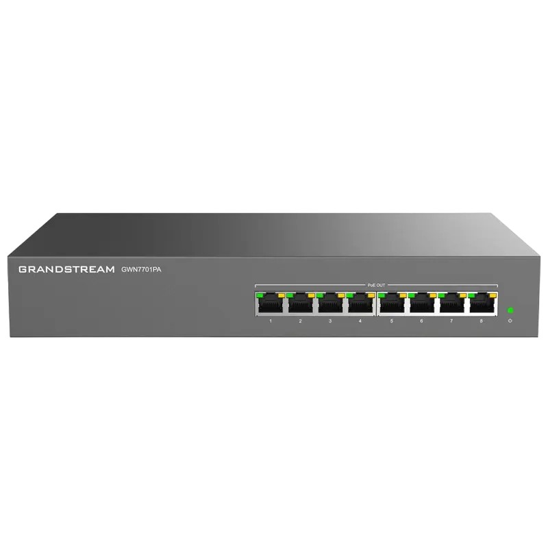 Switch 8-port 10/100/1000Mbps  POE, Grandstream "GWN7701PA", with 8-Port PoE, 145W Budget, Metal, Rack/Dsk