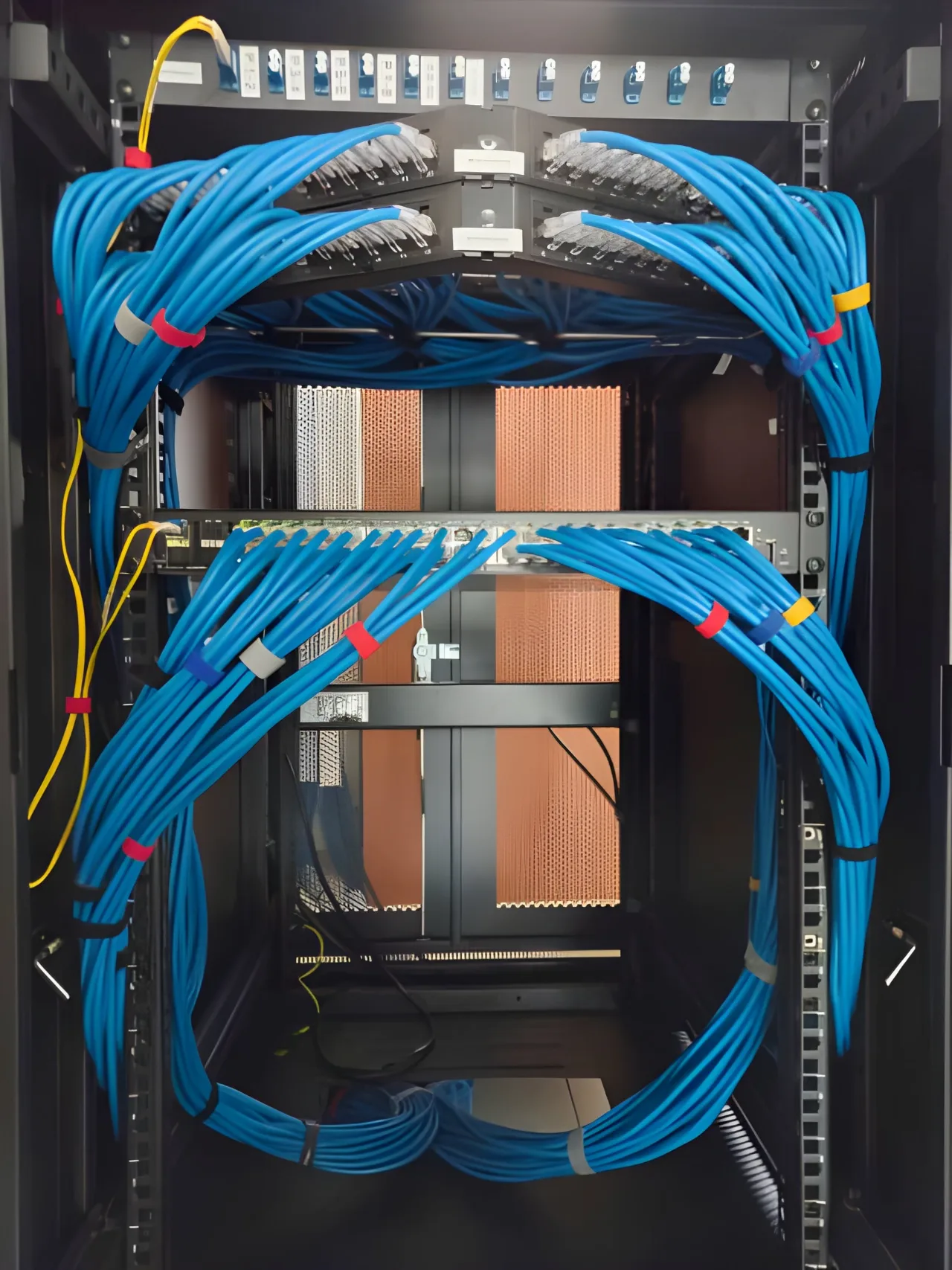 Dulap de rețea cu patch panel și cabluri albastre ordonate