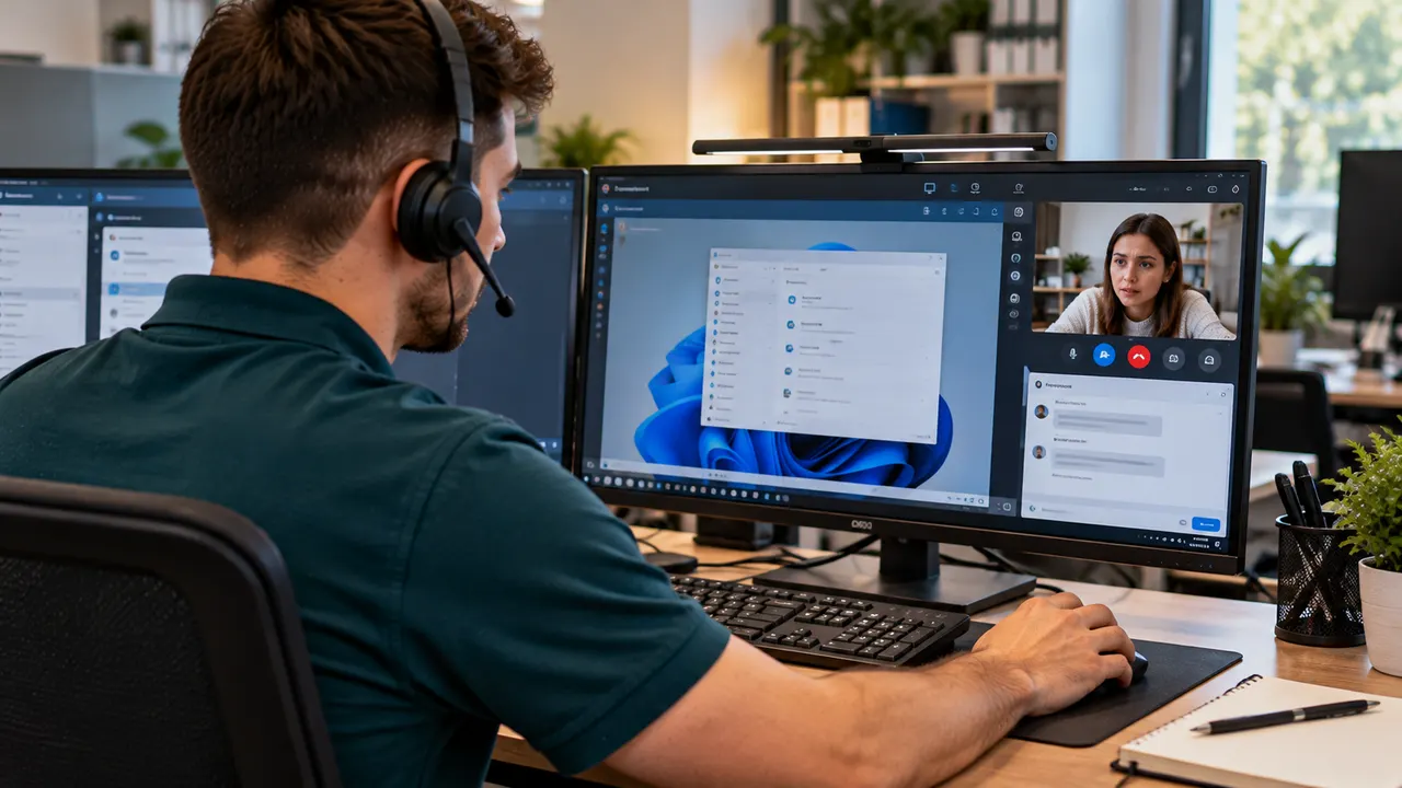 Operator HelpDesk oferind asistență la distanță prin apel video